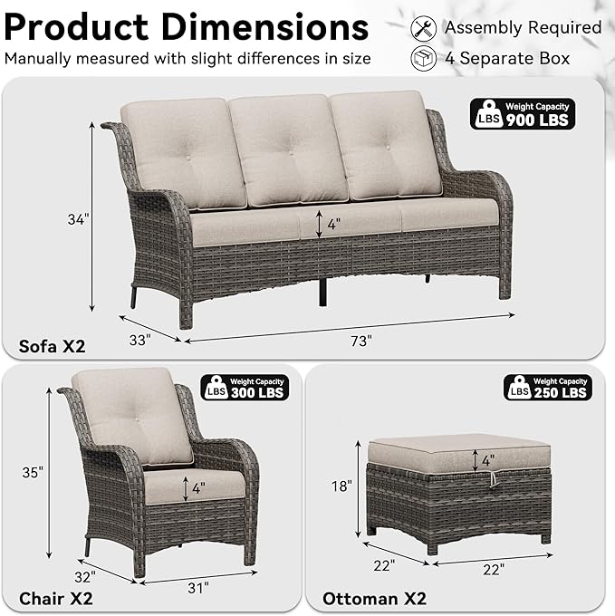 6 Piece Outdoor Wicker Patio Furniture Set, Patio Chairs Set with Thickened Olefin Cushions, High Back and Deep Seating, Hand-Woven PE Rattan, Ottoman for Porch, Deck