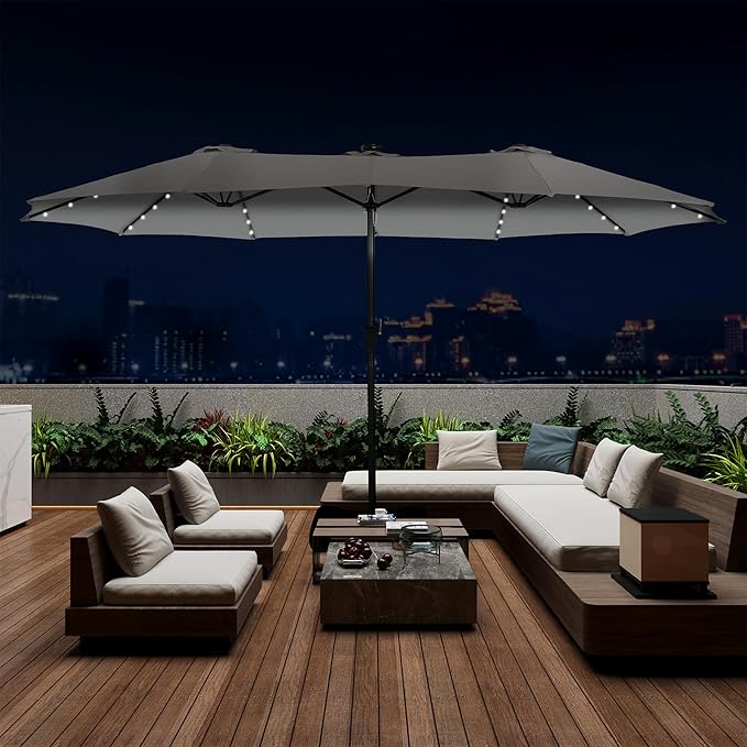 15 ft Patio Umbrella with 48 LED Lights, Large Rectangle Outdoor Solar Umbrella with Matching Base, Strap, Crank, Grey