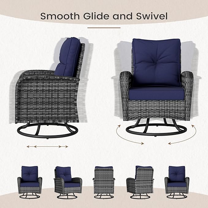 Kromax Outdoor Patio Furniture Set, All-Weather Wicker Swivel Glider Chairs Set of 2 with Coffee Table Table & Thick Machine Washable Cushions for Backyard, Garden, Porch, Grey/Blue