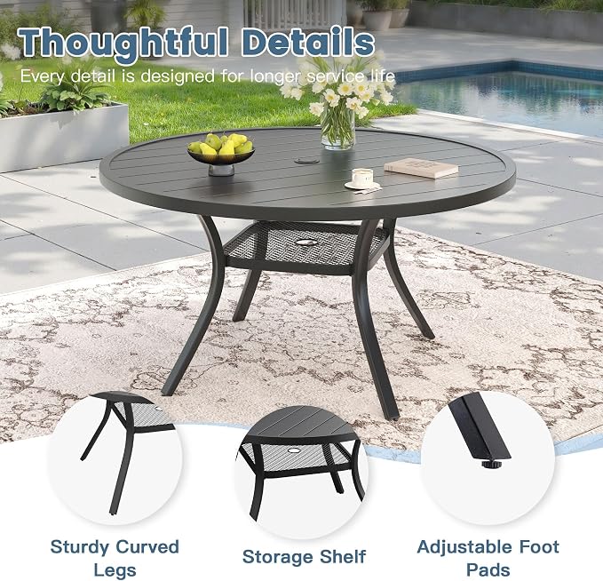 DIFY Outdoor Dining Set for 4, 5 Piece Patio Table and Chairs Set, Swivel Patio Dining Chairs with Blue Textilene & 47.2" Black Round Metal Dining Table with Umbrella Hole, for Garden Backyard Deck