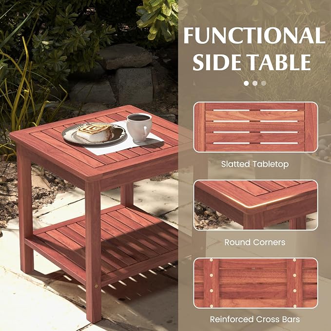 Tangkula Patio Side Table, Double-Tier Acacia Wood End Table, Slatted Tabletop & Shelf, Outdoor Small Side Table with Storage, Compact Wood Table for Backyard, Balcony (2, Natural)