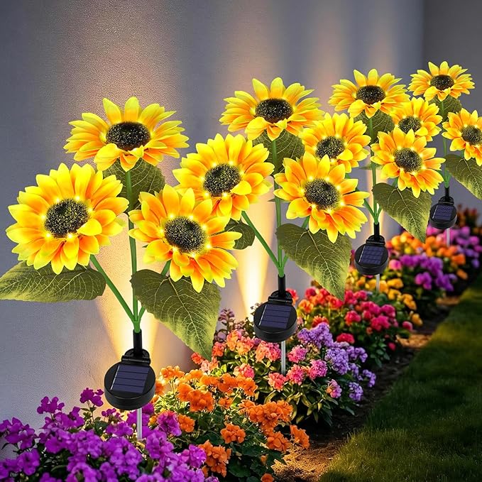 Solar Path Lights Outdoor 4 Pack, LED Flower & Sunflower Decor, Waterproof Auto On/Off, Bigger Solar Panel for Yard, Patio, Garden Walkway Decoration Gift for Mom (Yellow)