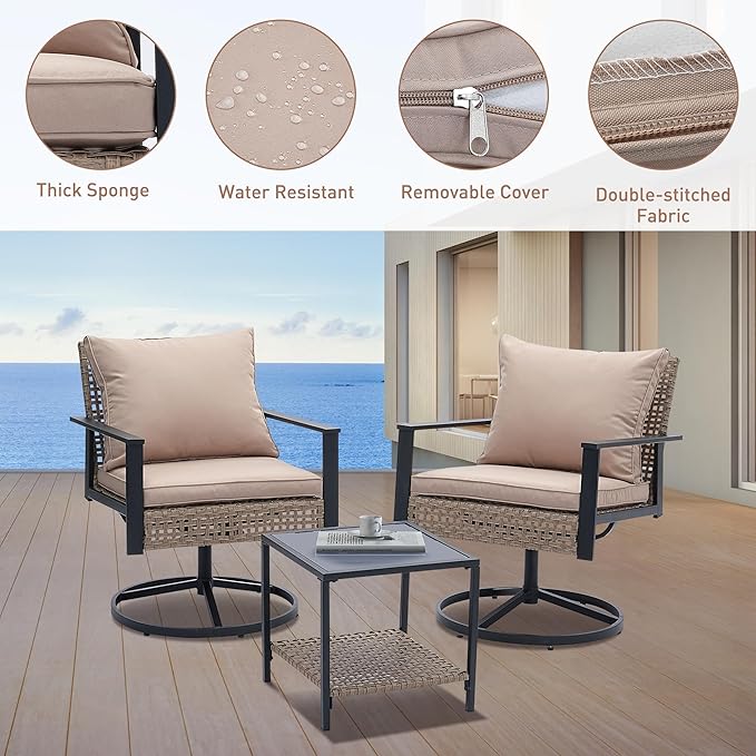 Ainfox 3 Pieces Patio Wicker Chairs Swivel Rocker, Outdoor Swivel Rocker Patio Chairs with Rattan Side Table, Patio Furniture Set for Patio Porch Pool, Khaki