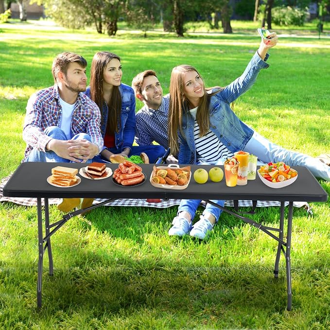 6FT White Folding Table, Portable Collapsible Dinner Table – Indoor/Outdoor Use for Camping, Patio, Yard, Wedding, Party & Cocktail Display, 500LBS (Black)