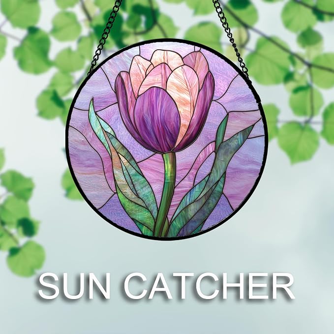 DASTOLL Stained Glass Window Hanging Purple Tulips Flower Large 11.8" - Suncatcher Door Garden Sun Catcher Home Decor Birthday Mother's Day for Mom Men Woman Parents Her Nana Friend