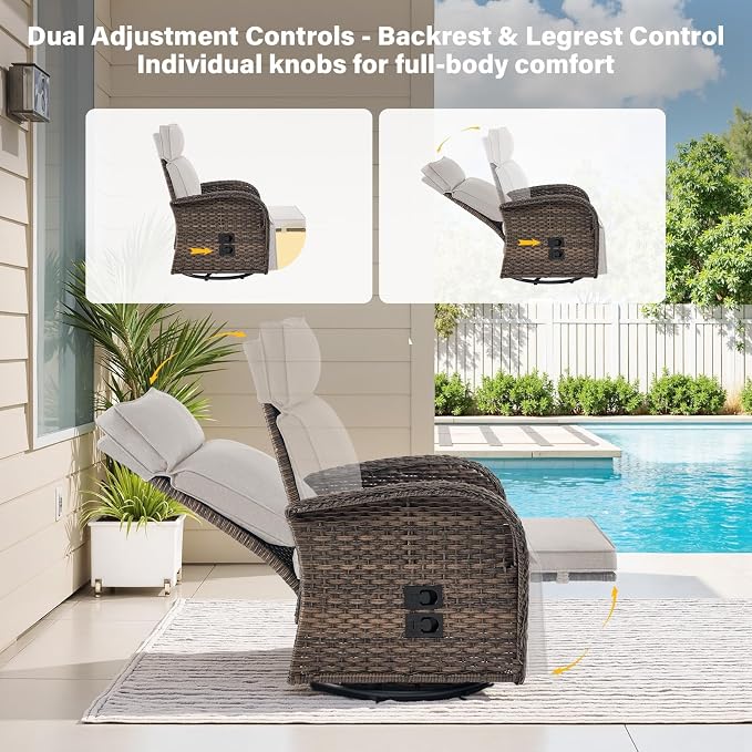 Belord Dual-Adjust Outdoor Swivel Recliner Chair – Reclining Patio Chair with Adjustable Backrest and Footrest, All-Weather Wicker Chaise Lounge Chair Outdoor for Pool Deck Beige (Upgraded 2.0)