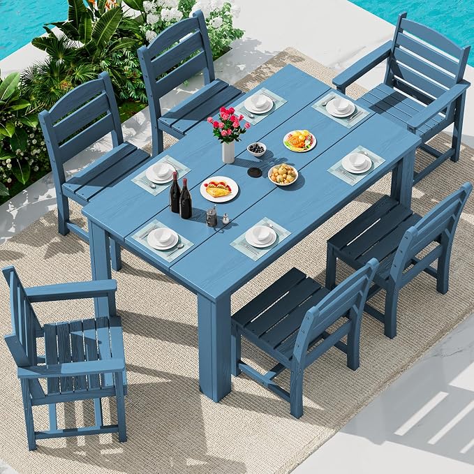 SERWALL 59" Outdoor Dining Set for 6, w/ 1 Table & 6 Chairs, Blue | Armless Patio Dining Sets for All Weather Use