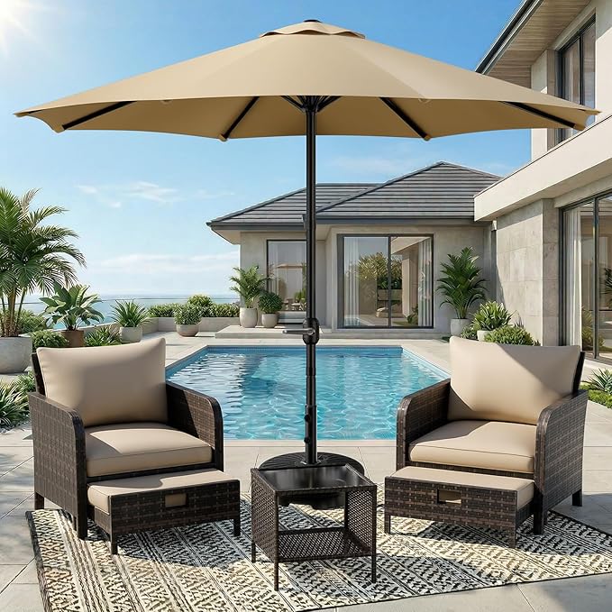 CHABATREE 9FT Outdoor Patio Umbrella with Easy Crank - UV Resistant & Waterproof Market Umbrella with Ventilated Canopy, 8 Sturdy Ribs & Powder-Coated Frame for Garden, Deck, Backyard, Pool, Patio Table