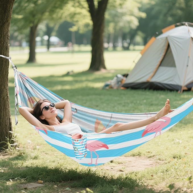 Blue White Striped Summer Flamingo 330lb Capacity Outdoor Hammock with Portabl Carry Bag Tree Hammock for Outside Beach Patio Garden hamaca para Patio Exterior