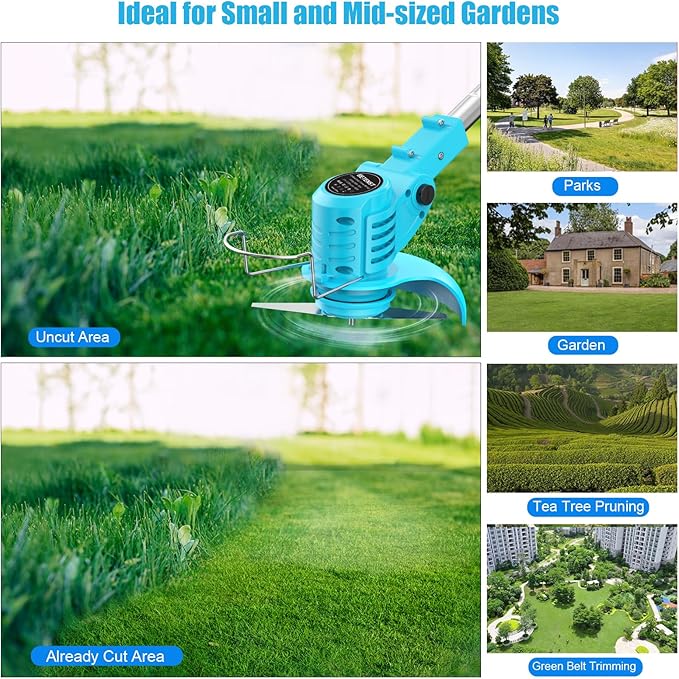 Weed Wacker, Cordless String Trimmer 21V with 2 Batteries 2.0Ah, 2 Types Metal Blades Powered Grass Trimmer, Pruning Shears, Adjustable Pole Weed Trimmer for Garden and Yard Lawn, Blue