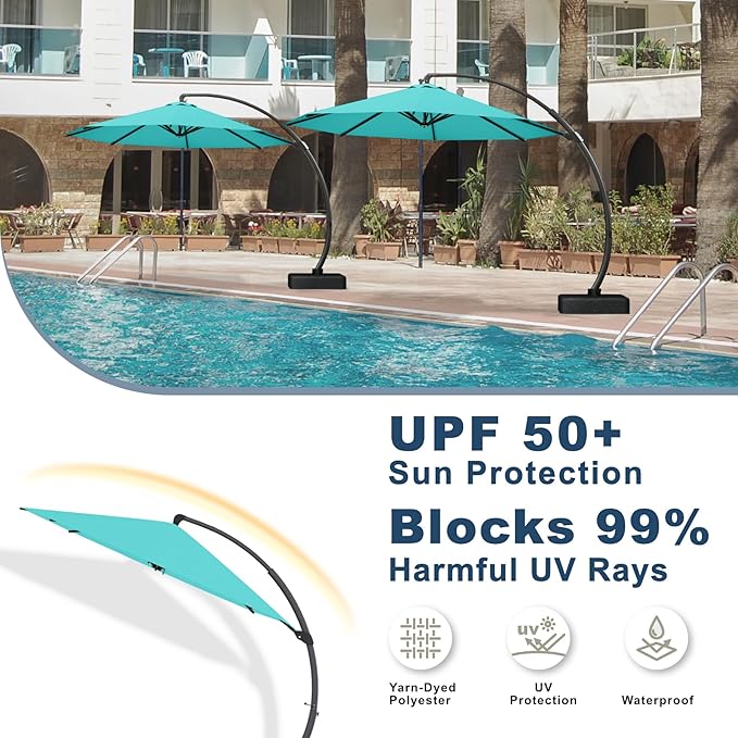 12FT Cantilever Umbrella with Base Large Curvy Outdoor Aluminum Offset Umbrella w/ 360° Rotation, UV Resistant Canopy for Patio, Garden, Backyard, Aqua Blue