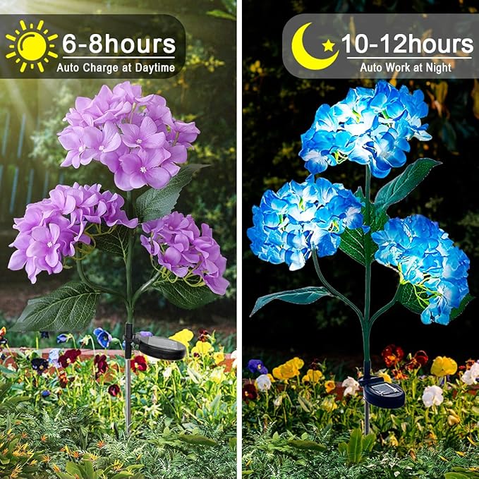 Aolyty Solar Garden Lights Outdoor, Solar Hydrangea Lights IP65 Waterproof LED Flowers Stake Lights 2 Pack for Garden Pathway Patio Backyard Landscape Decorative (White)
