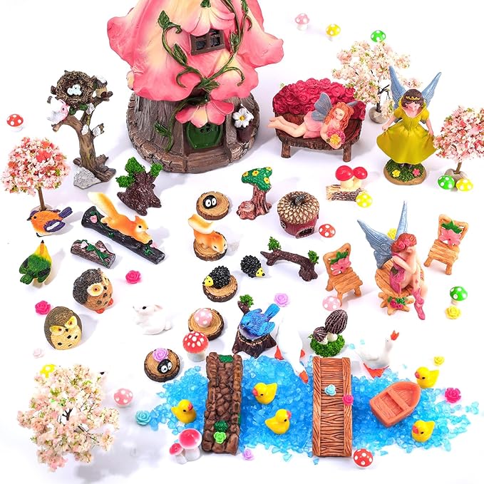 93 Pcs Fairy Garden House Resin Accessories Fairy Elves Kit Miniature Fairy Figurines Ornaments Animals Decor Outdoor for DIY Dollhouse | Mini Resin Fairies Animals Ornaments Set Village Decor Outdoor for DIY Dollhouse Supplies