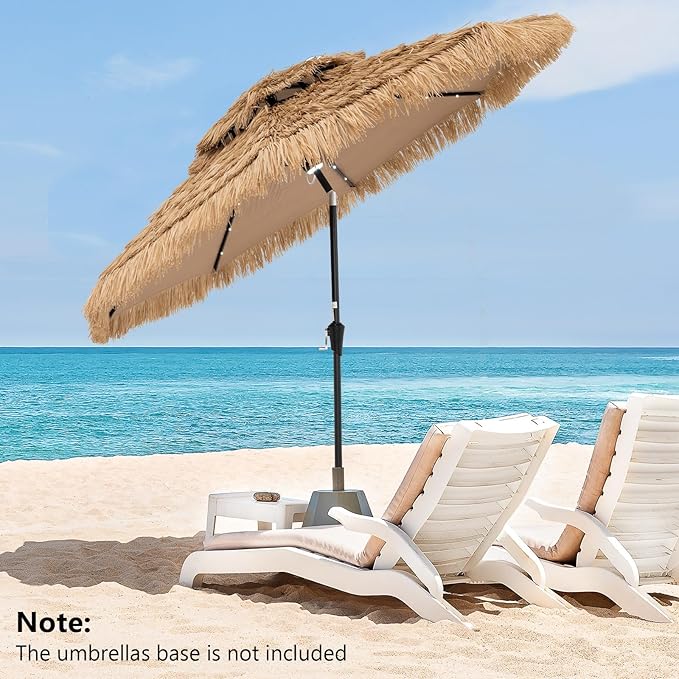 HAPPYGRILL 8.8 FT Hawaiian Style Umbrella with Lights, Outdoor Thatched Patio Tiki Umbrella with 8 Ribs, Manual Crank, 35° Tilt, for Beach, Backyard, Poolside