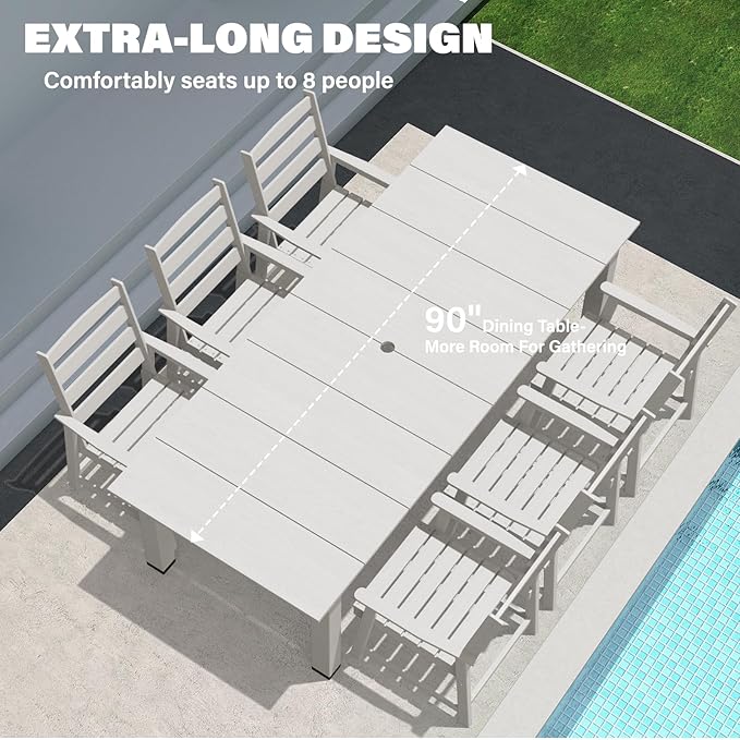 LOUNZY 9 Pieces Patio Dining Sets, 90'' Table Outdoor HDPE Furniture Set w/ 2" Hole Cut-Out Dining Table with 8 Patio Chairs for Lawn, Pool and Yard, White