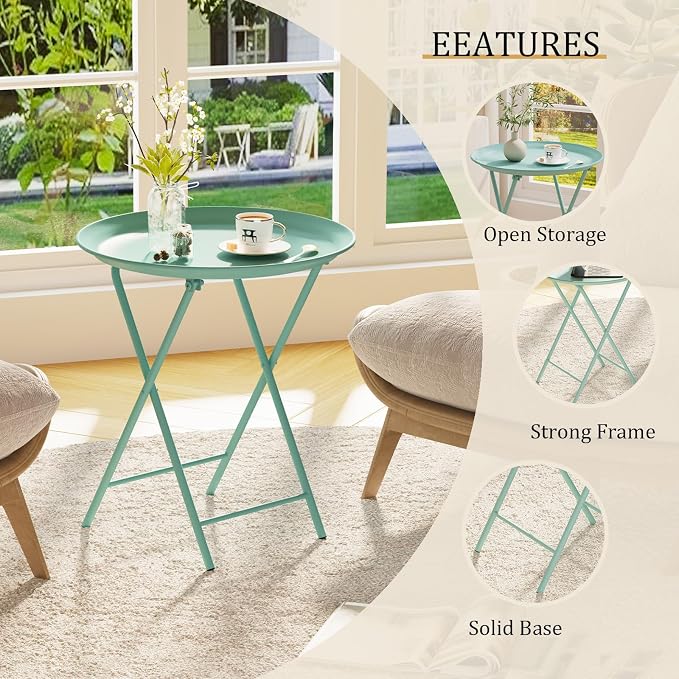 Garden 4 you Folding TV Tray Table, Metal Round Side Table, Green Dinner Table with Metal Frame, Modern Outdoor Tray Table for Living Room, Bedroom, Patio & Small Spaces, 1 Pack