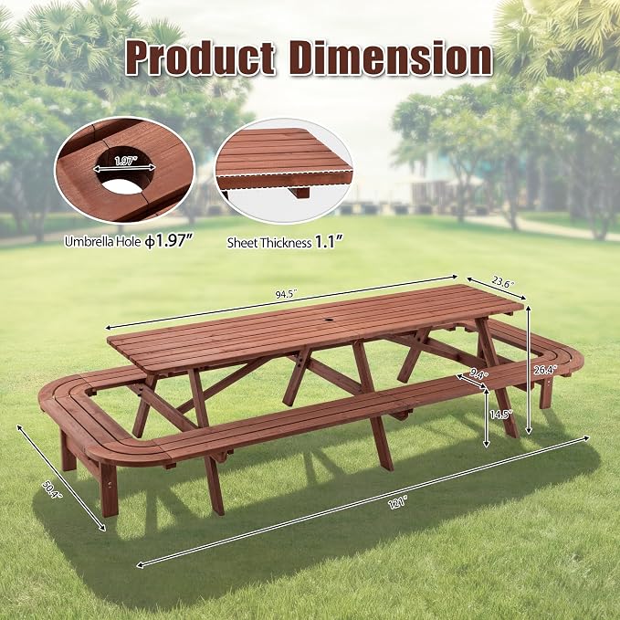Hohuqeri Picnic Table Bench Set for 16 Persons, 8FT Large Camping Table, Wood Outdoor Dining Beer Table Set with 2” Umbrella Hole for Patio Lawn Garden (Brown)