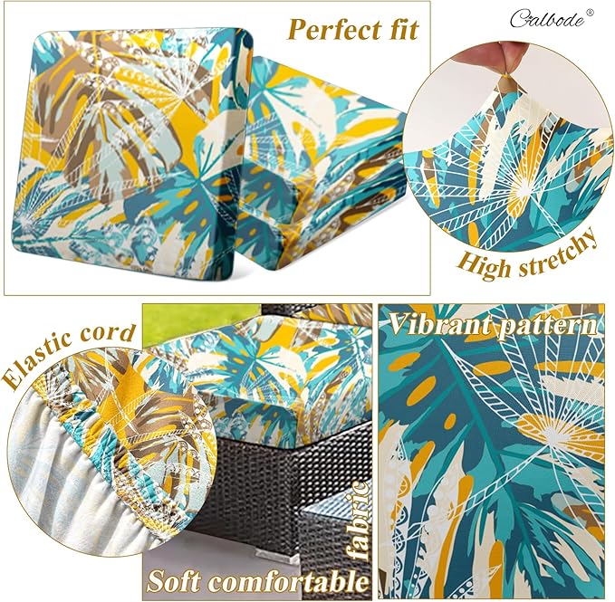 CALBODE 12pcs Outdoor Tropical Plant Printed Sofa Seat Cushion Covers Strechable, Dustproof Elastic Half-Covered Sofa Covers Washable Reusable Patio Furniture Protector（Blue and Yellow, Cover Only）