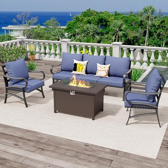 4 Piece Patio Furniture Set with 50000 BTU Propane Fire Pit Table, All Weather Metal Outdoor Conversation Sofa Set with Thick Cushions for Garden, Porch, Lawn, Blue