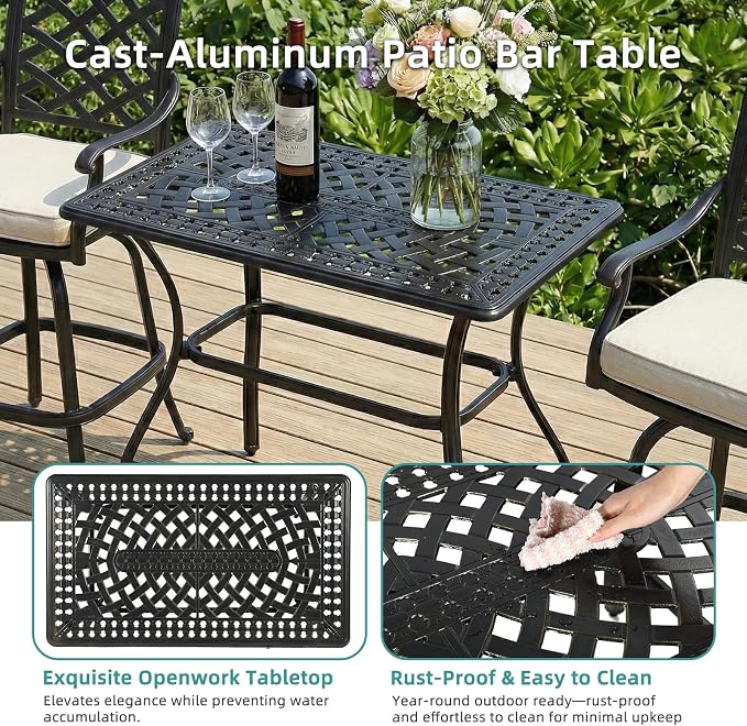 MEETWARM Outdoor Bar Table, All-Weather Cast Aluminum 42" Rectangle Patio Bar Counter Height Table, High Top Dining Table with Adjustable Feet, 200 LBS Heavy Duty Patio Bistro Pub Table, Dark Bronze