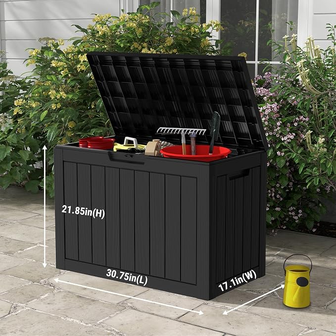 Mars Villa 45 Gallon Deck Box, Resin Outside Storage Box Waterproof for Patio Furniture Pillows, Pool Supplies, Gardening Tools, Indoor and Outdoor, Weatherproof and UV Resistant, Black