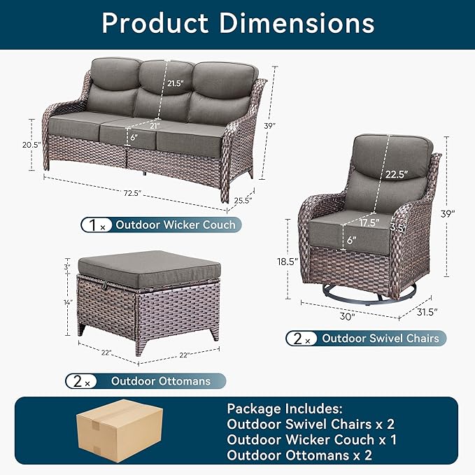 Luxury 5 Piece Patio Furniture Set-All Weather Outdoor Swivel Rocker Chairs with 6" Thick Cushions Multifunctional Ottoman Rattan Patio Conversation Sets for Porch Deck Garden Backyard(Brown/Grey)