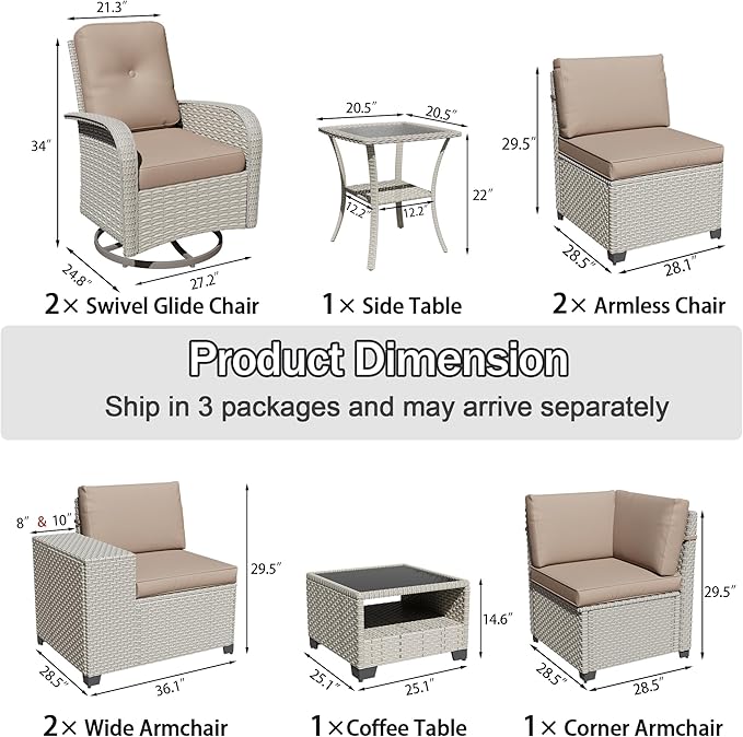 9-Piece Outdoor Patio Furniture Set, Modular Sectional Sofa Set with Swivel Rocker Chairs, Wicker Outdoor Couch Conversation Sets w/Coffee Table and Cushions, Khaki