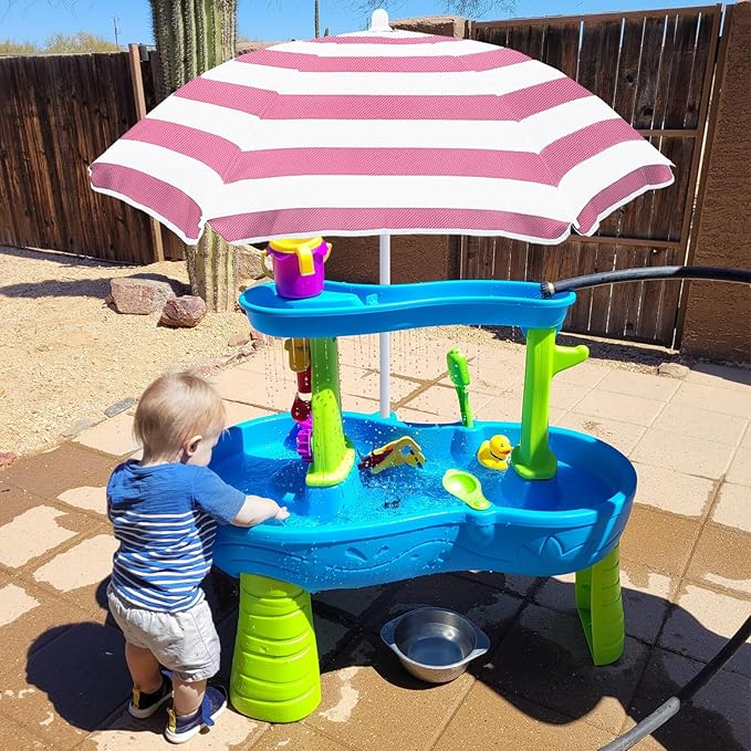 Kids Water Table Umbrella and Cover, Heavy-Duty 600D Waterproof Anti-UV Dustproof Water Table Cover with Umbrella, Compatible with Step2 Rain Showers Splash Pond Water Table, Pink