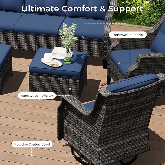 Outdoor Patio Furniture Set, 5 Piece Wicker Patio Furniture with Thick Cushions, Curved Armrest, Deep Seating, Outdoor Swivel Rocker Chairs for Porch, Deck, Balcony
