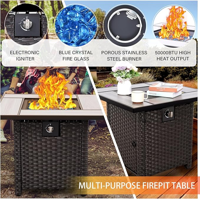 WAROOM Outdoor Patio Furniture Set 7 Pieces Wicker Sectional Sofa Brown Rattan Conversation Couch with Propane Fire Pit Table, Anti-Slip Thick Grey Cushion