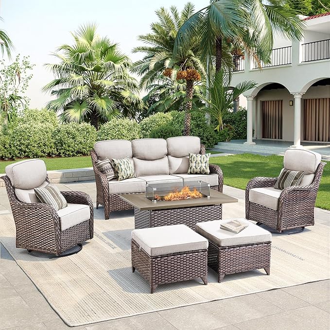 Luxury Patio Furniture Set with Fire Pit Table-6 Pieces All Weather Outdoor Swivel Rocker Chairs with Sofa and Ottomans. Outdoors Patio Conversation Sets for Porch Deck Garden Backyard(Brown/Beige)