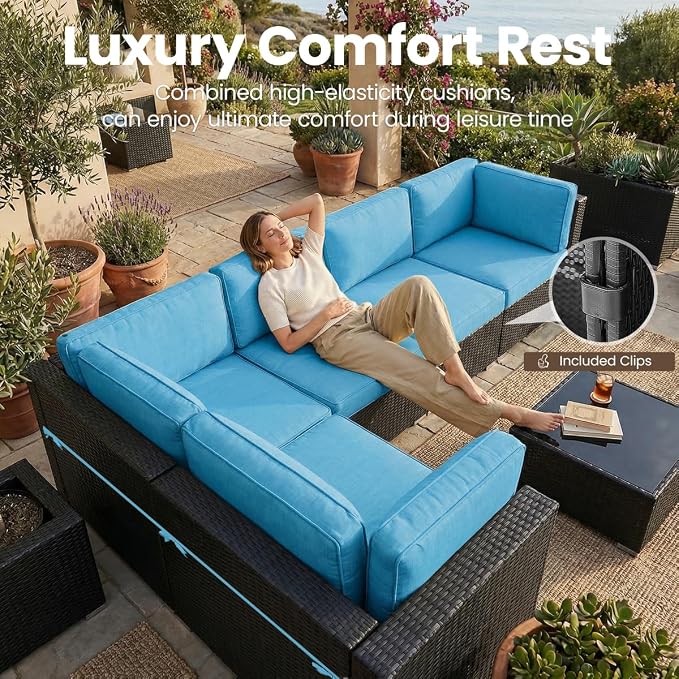 8 Pieces Patio Furniture Set with 44" Propane Gas Fire Pit Table, Outdoor Sectional Wicker Conversation Sofa Sets with Coffee Table