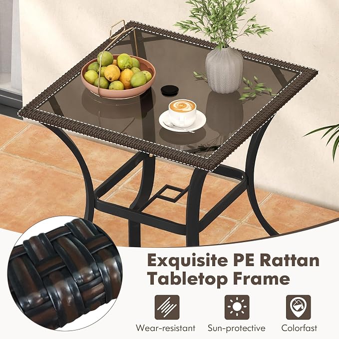 Tangkula Bistro Bar Table, 28.5" Square Bar Height Bistro Table w/ 2" Umbrella Hole, Silkscreen Glass Tabletop & Rattan Edge, Heavy-Duty Metal Legs, Outdoor Patio Bar Table for Poolside, Backyard