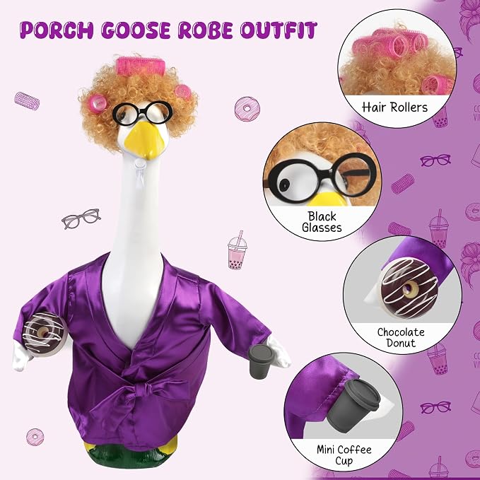 Porch Goose Robe Outfit Set for 23 Inch Goose Statue, Purple Silk Bathrobe with Wig Curlers Coffee Cup Donut Glasses, Elegant Funny Goose Clothes Decor (Purple Silk)