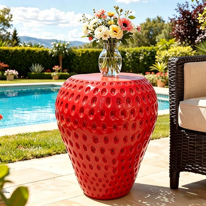 14'' Garden Fruit Design Stool, Decorative Patio Side Tables for Outside / Indoor, Drum Table & Plant Stands Stools for Patio Balcony Living Room, Home Decor, Weather-Resistant (Red, Strawberry)