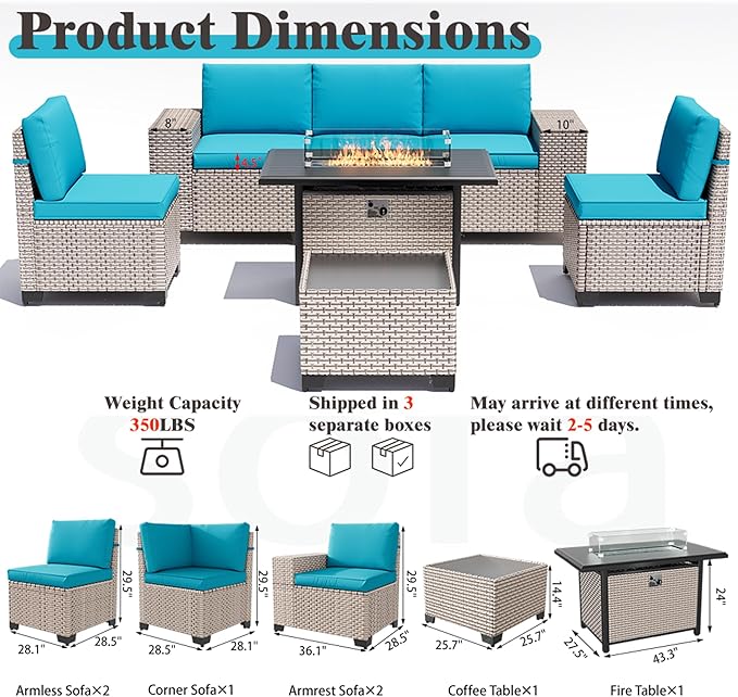 7 Pieces Patio Furniture Set with Fire Pit Table, Outdoor Sectional Wicker Sofa with Thickened Cushions and Coffee Table, High Back Rattan Patio Conversation Sets, Cyan