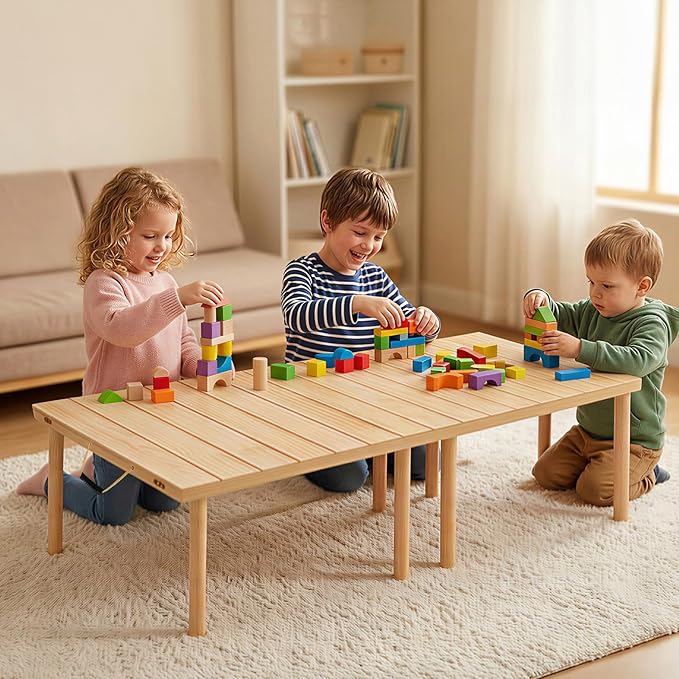 60" x 30" Boho Low Wooden Folding Picnic Table with Table Runner, Portable Boho Picnic Table for Indoor Outdoor Use, Camping, Beach, Garden, Wedding & Party (8 Steak Knives & Forks Included)