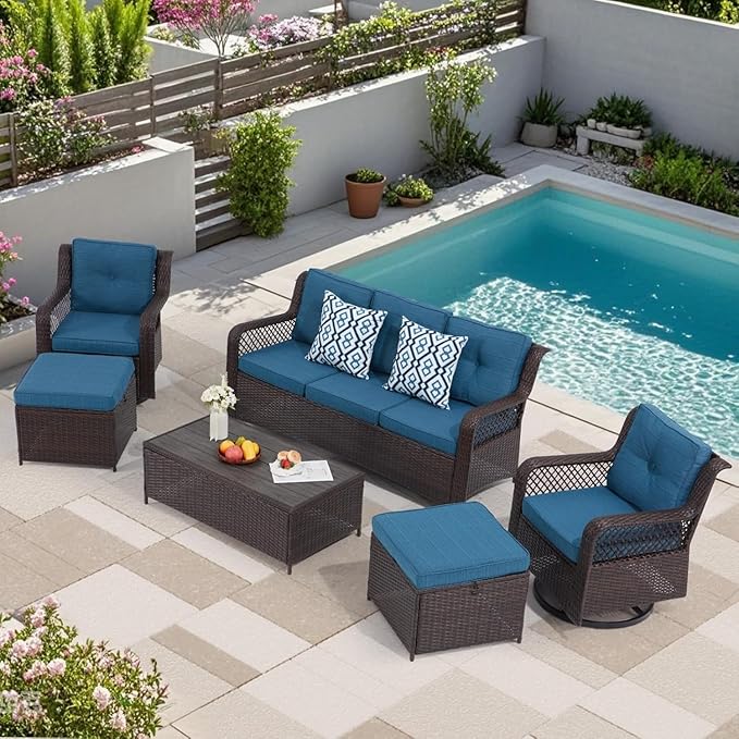 6 Pieces Wicker Patio Furniture Set Conversations Sets, 2 Outdoor 360° Swivel Chairs, Patio Swivel Chair with Table and Ottoman for Garden, Poolside, Backyard (Peacock Blue)