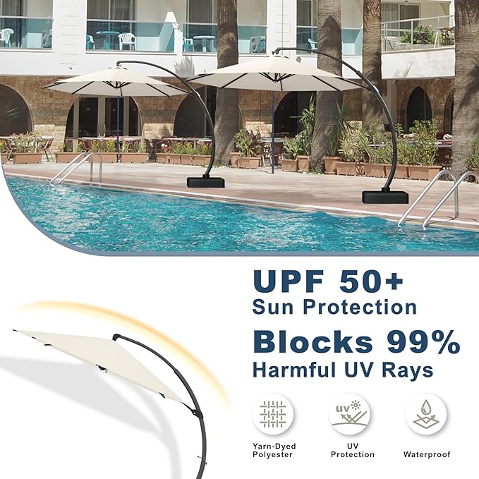 12FT Cantilever Umbrella with Base Large Curvy Outdoor Aluminum Offset Umbrella w/ 360° Rotation, UV Resistant Canopy for Patio, Garden, Backyard, Creamy White