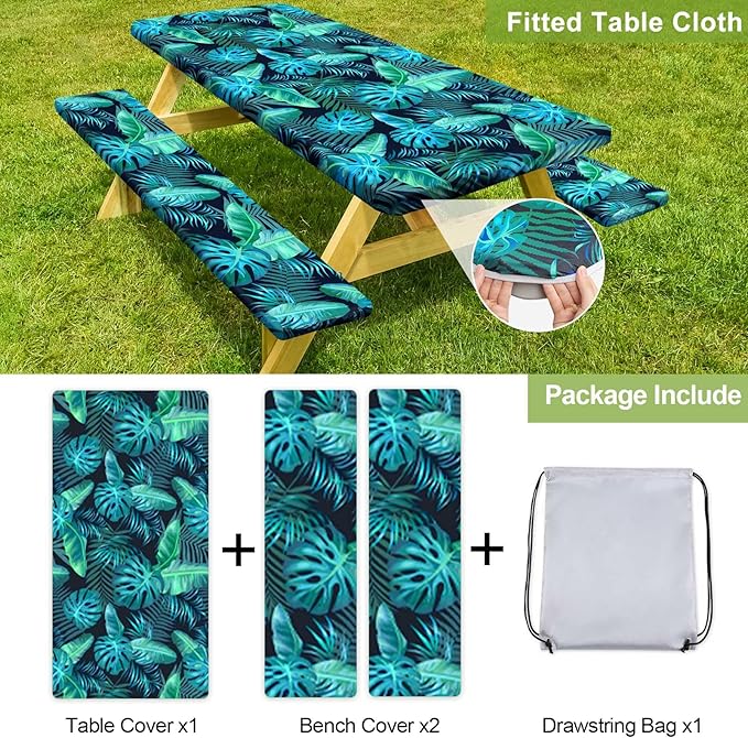 Picnic Table Cover with Bench Covers Camping Essentials Waterproof Windproof Camping Tablecloth with Drawstring Bag, Fitted Rectangle Tables and Seats, 72in, Green Leaf
