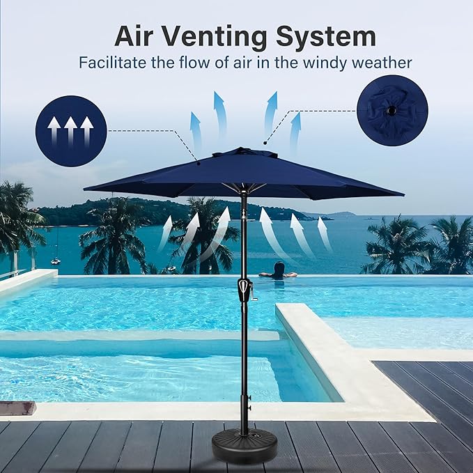 Simple Deluxe 7.5ft Patio Umbrella Outdoor Table Market Yard Umbrella with Round Umbrella Base Stand for Garden, Deck, Backyard, Pool, Dark Blue