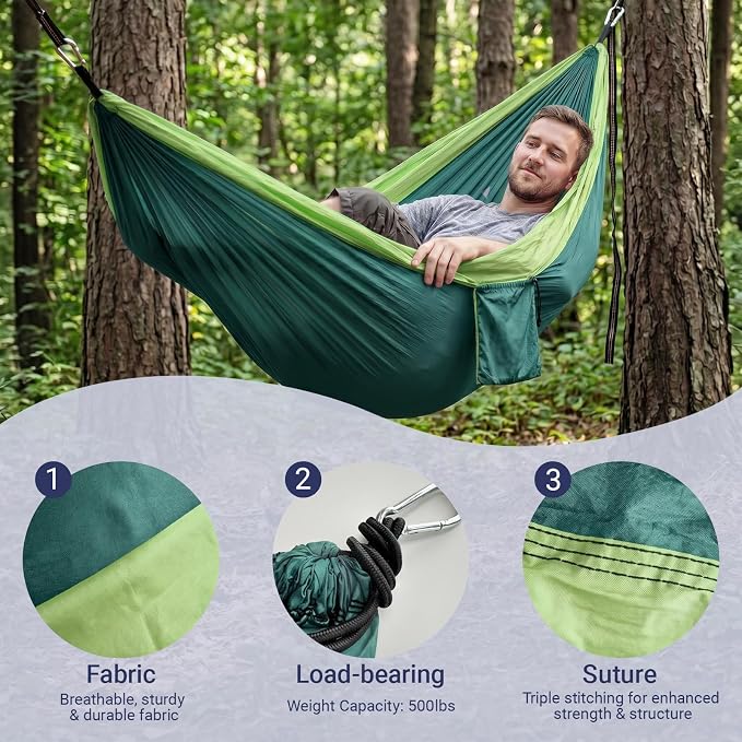 Camping Hammocks, Portable Lightweight Parachute with Tree Straps, Single or Double Hammock Without Stand, Nylon Camping Gear for Outdoor Beach Backpacking Hiking, Camping Essentials(Green)