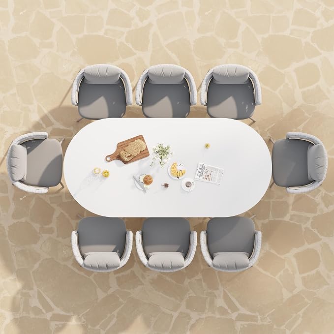 11-Piece Outdoor Dining Set - 94.5'' Sintered Stone Top Dining Table with 10 Rope Woven Armchairs, Aluminum Frame, Cushions for Patio, Garden, and Outdoor Dining