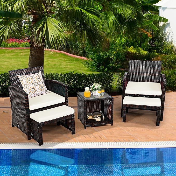 Tangkula 5 Pieces Wicker Patio Conversation Set, PE Rattan Outdoor Chairs & Ottomans Set with Single-Door Storage Coffee Table, Space-Saving Patio Furniture for Poolside, Backyard, Lawn, Deck (White)