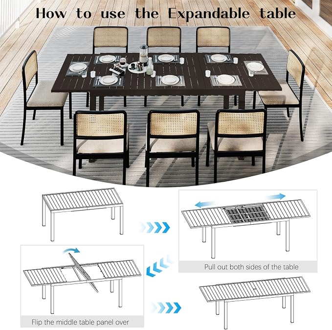 Domi Outdoor Expandable Dining Table for 6-8, Aluminum Extendable Dining Table 65"-97" with Umbrella Hole, Metal Outdoor Patio Table Rectangle for Backyard Garden