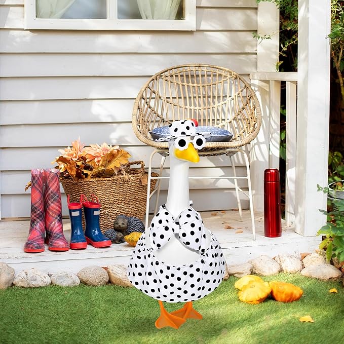 JcHrmers Summer Hawaiian Goose Outfit Porch Goose Bikini Outfits with Hat & Sunglasses Fits 23 Inch Geese Statues for Creative Lawn Yard Garden Beach Pool Party Decor(White Polka Dots)