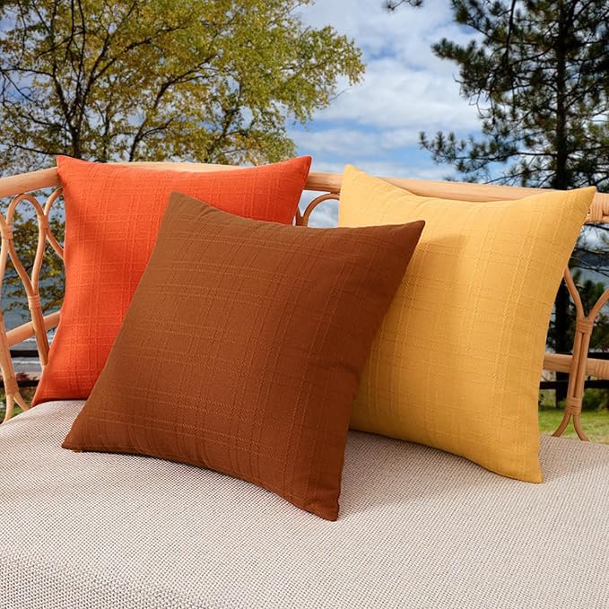 Kevin Textile Outdoor Waterproof 16”x16” Pillow Covers 2 Pack, Burnt Orange | Water Resistant, Soft Faux Linen-cotton Yarn-dyed Woven Texture Throw Pillow Covers for Tent Patio Garden Couch Sofa