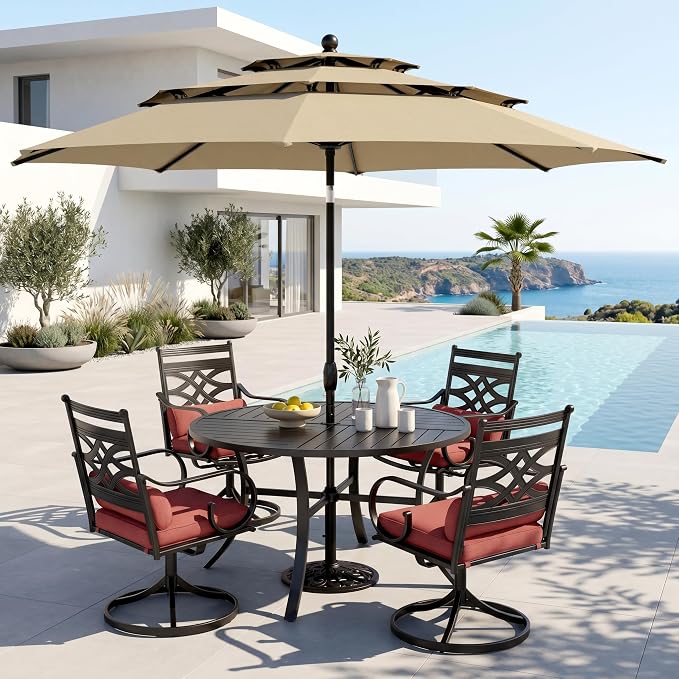 PHI VILLA Outdoor Dining Set with Umbrella for 4, 42" Metal Round Table & Wrought Iron Swivel Chairs, Patio Furniture with Red Cushions & Pillows for Deck, Porch