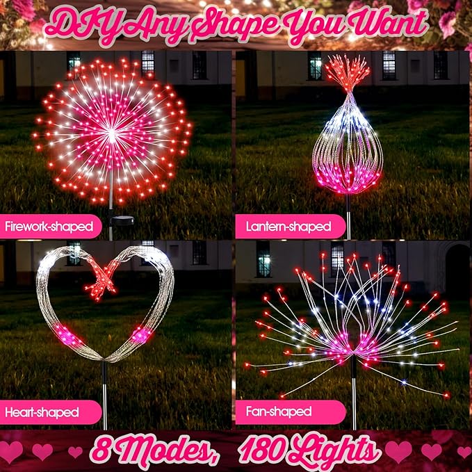 Tujoe 4 Pack Valentines Day Solar Firework Lights 180 LED 8 Lighting Modes Waterproof Solar Lamps Decorative Garden Stake Lights for Valentines Wedding Party Pathway Patio Decor