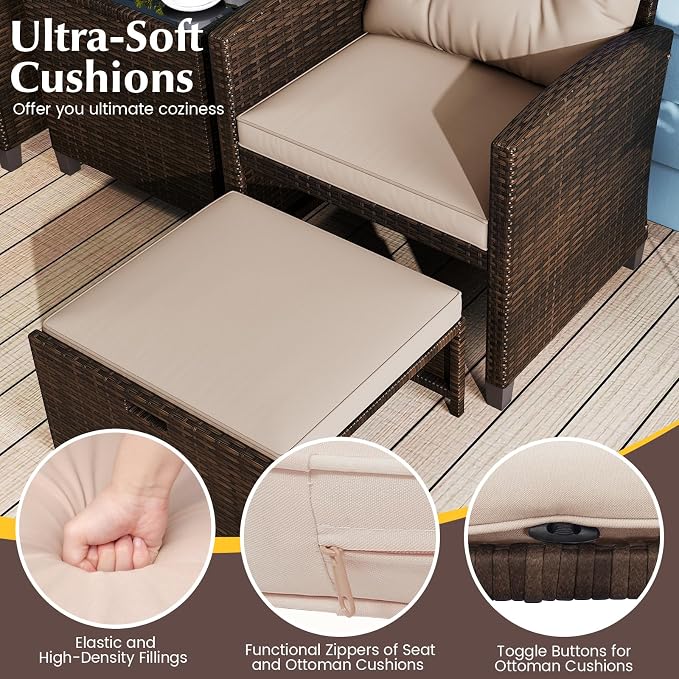 COSTWAY 5-Piece Rattan Conversation Set, Outdoor Wicker Sofa, Tempered Glass Coffee Table & Ottomans for Small Space, Boho Chic Indoor/Outdoor Furniture Set for Poolside, Backyard, Deck (Beige)